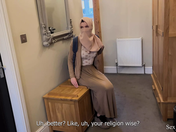 My step-mom with hijab is a super-hot taboo honey who shares a sofa with me