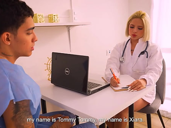 Blond doctor Xiara Dark gets insane checking her patient's HUGE cock - Juan Bustos DOCTOR