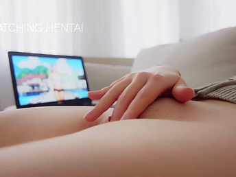 Cuming and Spraying while eyeing Anime porn on my laptop - Closeup